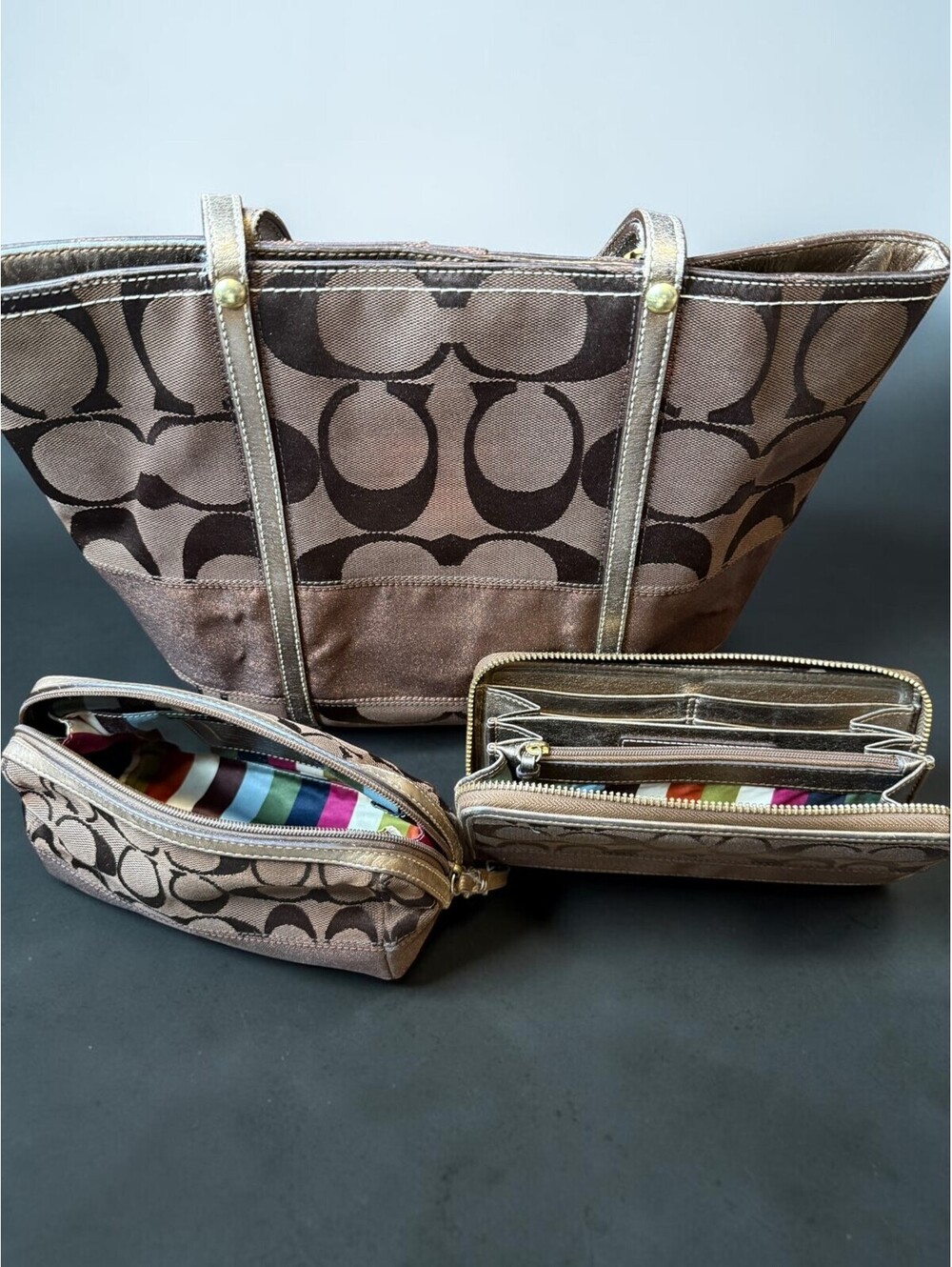 Coach Signature Stripe Tote 11098 Wallet Cosmetic 3pc Set Legacy Stripe Y2K